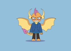 Size: 2870x2068 | Tagged: safe, alternate version, artist:gd_inuk, smolder, dragon, g4, angry, blue background, blushing, clenched fist, clothes, dragoness, egghead, female, glasses, gritted teeth, high res, hoodie, imminent rage, looking at you, pants, shrunken pupils, simple background, smolder is not amused, smoldere, solo, standing, tsundere, unamused, urge to kill rising