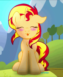 Size: 600x736 | Tagged: safe, artist:bastbrushie, part of a set, sunset shimmer, pony, unicorn, g4, animated, bastbrushie is trying to kill us, blushing, chest fluff, cute, daaaaaaaaaaaw, dancing, eyes closed, female, gif, happy, mare, one ear down, raspberry, shimmerbetes, sitting, solo, tongue out