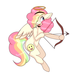 Size: 4300x4300 | Tagged: safe, artist:tuzz-arts, oc, oc only, oc:cheery candy, angel, pegasus, pony, arrow, bow (weapon), bow and arrow, cupid, cute, female, flying, freckles, hair over one eye, halo, headband, mare, multicolored hair, open mouth, rainbow hair, raised hoof, raised leg, simple background, solo, transparent background, weapon, ych result