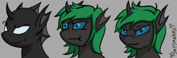 Size: 600x200 | Tagged: safe, artist:skydreams, oc, oc only, oc:pincer, changeling, :3, :t, changeling oc, changeling proto-queen, commission, emoji, emotes, glare, smiling, smirk