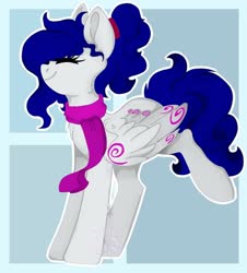 Size: 1080x1196 | Tagged: safe, oc, oc only, oc:yanel love, pegasus, pony, abstract background, clothes, eyes closed, female, full body, jumping, mare, scarf, smiling, solo, tied hair