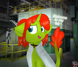 Size: 1573x1350 | Tagged: safe, artist:rainbow eevee, oc, oc only, oc:radiante radium, object pony, original species, pony, radioactive pony, unicorn, clothes, cute, determined, element pony, female, gradient tail, irl, jewelry, lab coat, leonine tail, necklace, nuclear, open mouth, photo, ponified, radioactive, red hair, science lab, solo