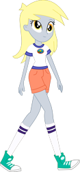 Size: 1280x2741 | Tagged: safe, artist:marcorulezzz, derpy hooves, equestria girls, g4, my little pony equestria girls: legend of everfree, background human, camp everfree logo, camp everfree outfits, clothes, converse, cute, female, legs, shirt, shoes, shorts, simple background, smiling, sneakers, socks, solo, t-shirt, transparent background, vector, walking