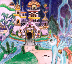 Size: 900x799 | Tagged: safe, artist:fun2berandom, oc, oc only, oc:harmony star, alicorn, pony, alicorn oc, canterlot, cutie mark, drawbridge, horn, male, solo, stallion, traditional art, waterfall