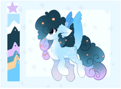 Size: 1818x1338 | Tagged: safe, artist:php146, oc, oc:stellar constellation, pegasus, pony, chest fluff, color palette, ear fluff, ethereal mane, eye clipping through hair, female, flying, reference sheet, starry mane, stars, two toned wings, wings
