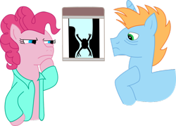 Size: 900x645 | Tagged: safe, artist:red-pear, pinkie pie, oc, oc:harmony star, alicorn, frog, pony, g4, alicorn oc, clothes, cutie mark, duo, hoof on chin, horn, lab coat, male, pun, simple background, stallion, throat, transparent background, visual pun, x-ray picture