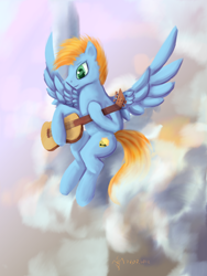 Size: 600x800 | Tagged: safe, artist:dalagar, oc, oc only, oc:harmony star, pegasus, pony, cloud, dexterous hooves, guitar, male, musical instrument, on a cloud, sitting, sitting on a cloud, solo, stallion