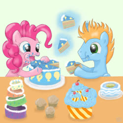 Size: 900x900 | Tagged: safe, artist:finnishgirl97, pinkie pie, oc, oc:harmony star, alicorn, pony, g4, alicorn oc, cake, cupcake, duo, eating, food, hoof hold, horn, male, messy eating, muffin, stallion