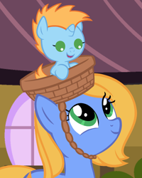 Size: 900x1125 | Tagged: safe, artist:beavernator, oc, oc only, oc:corona muse, oc:harmony star, pony, baby, baby pony, basket, colt, female, male, mare, mother and child, mother and son, ponies riding ponies, pony hat, pony in a basket, riding
