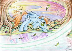 Size: 900x639 | Tagged: safe, artist:jacquibim, oc, oc only, oc:harmony star, pony, falling leaves, flower, full moon, leaves, moon, pond, reflection, solo, traditional art, tree, water