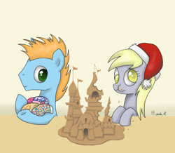 Size: 900x783 | Tagged: safe, artist:finnishgirl97, derpy hooves, oc, oc:harmony star, g4, bite mark, canterlot castle, christmas, eating, gingerbread house, hat, holiday, puffy cheeks, santa hat