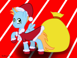 Size: 1200x900 | Tagged: safe, artist:thatponyuknow, oc, oc only, oc:harmony star, alicorn, pony, abstract background, alicorn oc, bag, christmas, clothes, costume, holiday, horn, needs more saturation, santa costume, solo