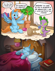 Size: 1100x1407 | Tagged: safe, artist:mysticalpha, spike, oc, oc:harmony star, alicorn, dragon, pony, g4, spike at your service, alicorn oc, bed, book, comic, haircut, horn, male, nightmare, scissors, sweat, thought bubble