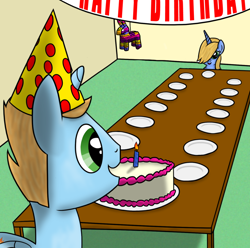 Size: 1024x1016 | Tagged: safe, artist:10art1, oc, oc only, oc:harmony star, alicorn, pony, alicorn oc, cake, food, hat, horn, party hat, piñata, plate