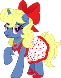 Size: 1280x1617 | Tagged: safe, artist:cloudy glow, oc, oc only, oc:azure/sapphire, pony, unicorn, bow, clothes, crossdressing, dress, femboy, hair bow, heart, heart necklace, lipstick, makeup, male, raised hoof, red bow, shoes, simple background, solo, transparent background