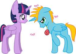 Size: 2911x2059 | Tagged: safe, artist:ambassad0r, artist:derpmuffinzderp, twilight sparkle, oc, oc:harmony star, alicorn, pony, g4, alicorn oc, base used, blushing, canon x oc, female, flower, flower in mouth, heart, high res, horn, male, mouth hold, rose, rose in mouth, shipping, simple background, straight, transparent background, twilight sparkle (alicorn), twimony