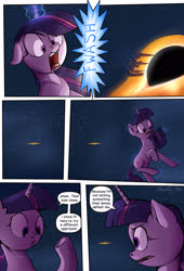 Size: 1920x2816 | Tagged: safe, artist:shieltar, part of a set, twilight sparkle, pony, unicorn, comic:giant twilight, g4, accretion disk, black hole, comic, cute, dialogue, female, giant pony, giantess, glowing horn, growth, horn, macro, magic, mare, part of a series, pony bigger than a planet, pony bigger than a solar system, pony bigger than a star, signature, size difference, solar system, solo, space, stars, teleportation, twiabetes, underhoof, unicorn twilight