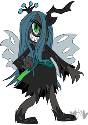 Size: 560x800 | Tagged: safe, artist:mirabuncupcakes15, queen chrysalis, human, g4, clothes, dress, female, grin, hair over one eye, high heels, horn, horned humanization, humanized, pony coloring, shoes, simple background, smiling, solo, torn clothes, white background, winged humanization, wings