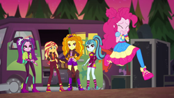 Size: 1920x1080 | Tagged: safe, screencap, adagio dazzle, aria blaze, pinkie pie, sonata dusk, sunset shimmer, equestria girls, equestria girls specials, g4, my little pony equestria girls: better together, my little pony equestria girls: sunset's backstage pass, converse, dodge a100, female, shoes, sneakers, the dazzlings, the dazzlings tour bus, van