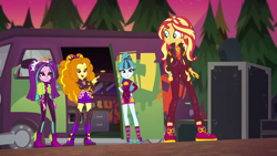 Size: 1920x1080 | Tagged: safe, screencap, adagio dazzle, aria blaze, sonata dusk, sunset shimmer, equestria girls, equestria girls series, g4, sunset's backstage pass!, spoiler:eqg series (season 2), armlet, bracelet, clothes, converse, dodge a100, female, food, geode of empathy, jacket, jewelry, leather jacket, magical geodes, music festival outfit, shoes, shorts, sneakers, socks, spiked headband, spiked wristband, taco, taco dress, the dazzlings, the dazzlings tour bus, wristband