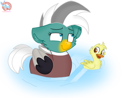 Size: 1998x1602 | Tagged: safe, artist:rainbow eevee, oc, oc:duk, bird, bird pone, duck, pegasus, pony, cute, female, folded wings, happy, lake, lidded eyes, open mouth, pond, simple background, smiling, smirk, sticker, transparent background, water, wings
