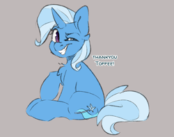 Size: 2540x2000 | Tagged: safe, artist:spoopygander, trixie, pony, unicorn, g4, chest fluff, ear fluff, female, gray background, grin, high res, looking at you, mare, one eye closed, simple background, sitting, smiling, solo, wink, winking at you