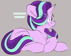 Size: 2540x2000 | Tagged: safe, artist:spoopygander, starlight glimmer, pony, unicorn, g4, chest fluff, crossed arms, eye clipping through hair, female, gray background, high res, looking at you, looking back, lying down, mare, prone, simple background, smiling, solo