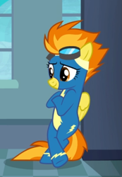 Size: 423x612 | Tagged: safe, screencap, spitfire, pegasus, pony, g4, newbie dash, bipedal, bipedal leaning, clothes, cool, cropped, crossed hooves, female, leaning, mare, smiling, solo, uniform, wonderbolts uniform
