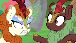 Size: 1280x720 | Tagged: safe, edit, edited screencap, screencap, autumn blaze, cinder glow, summer flare, kirin, sounds of silence, angry, do not want, fangs, female, fire, frown, glare, glowing eyes, gritted teeth, imminent nirik, sharp teeth, teeth, wide eyes