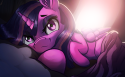 Size: 3868x2380 | Tagged: safe, artist:nookprint, twilight sparkle, alicorn, pony, g4, bed, bedroom eyes, blanket, cute, ear fluff, eyeshadow, female, high res, looking at you, makeup, mare, morning ponies, smiling, solo, twiabetes, twilight sparkle (alicorn)