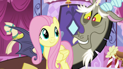 Size: 1280x720 | Tagged: safe, screencap, discord, fluttershy, draconequus, pegasus, pony, g4, what about discord?, carousel boutique, duo, mannequin, smiling, snaggletooth
