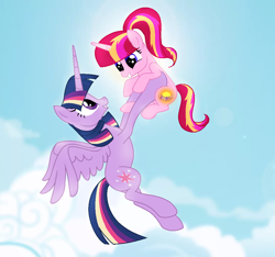 Size: 1074x1006 | Tagged: safe, artist:kayotanv87, twilight sparkle, oc, oc:daylight sparkle, alicorn, pony, unicorn, g4, cutie mark, duo, female, filly, flying, holding a pony, looking at each other, magical lesbian spawn, mare, mother and child, mother and daughter, offspring, older, older twilight, parent:sunset shimmer, parent:twilight sparkle, parents:sunsetsparkle, rainbow power, smiling, twilight sparkle (alicorn)