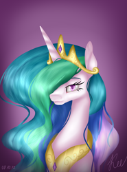 Size: 2106x2846 | Tagged: safe, artist:kayotanv87, princess celestia, alicorn, pony, g4, bust, female, gradient background, hair over one eye, high res, jewelry, lidded eyes, looking at you, mare, regalia, solo
