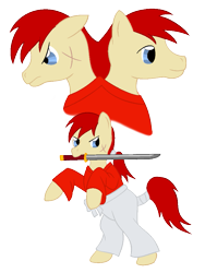 Size: 755x1004 | Tagged: safe, artist:chili19, earth pony, pony, bust, clothes, himura kenshin, katana, male, mouth hold, ponified, rearing, rurouni kenshin, scarf, simple background, stallion, sword, tail wrap, transparent background, weapon