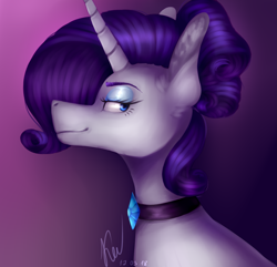 Size: 2493x2406 | Tagged: safe, artist:kayotanv87, rarity, pony, unicorn, g4, bust, choker, ear fluff, female, gradient background, high res, lidded eyes, looking back, mare, profile, smiling, smirk, solo