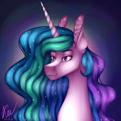 Size: 2446x2452 | Tagged: safe, artist:kayotanv87, princess celestia, alicorn, pony, g4, bust, ear fluff, ethereal mane, female, gradient background, high res, lidded eyes, mare, missing accessory, smiling, solo, starry mane