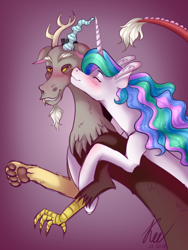 Size: 2122x2827 | Tagged: safe, artist:kayotanv87, discord, princess celestia, alicorn, draconequus, pony, g4, blushing, cheek kiss, ear fluff, ethereal mane, eyes closed, female, floppy ears, gradient background, high res, hug, kissing, male, mare, missing accessory, ship:dislestia, shipping, smiling, starry mane, straight