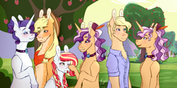 Size: 3464x1732 | Tagged: safe, artist:kayotanv87, applejack, rarity, oc, oc:apple barry, oc:apple crystal, oc:apple page, oc:christie, earth pony, unicorn, semi-anthro, g4, apple, apple tree, arm hooves, bipedal, blushing, boop, choker, clothes, coat markings, eye clipping through hair, family, female, freckles, lesbian, lidded eyes, magical lesbian spawn, male, mare, neckerchief, next generation, offspring, one eye closed, parent:applejack, parent:rarity, parents:rarijack, ship:rarijack, shipping, shirt, smiling, stallion, sweet apple acres, tongue out, tree