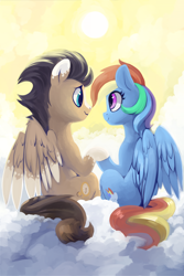 Size: 4000x6000 | Tagged: safe, artist:dimfann, rainbow dash, oc, oc:skittle, pegasus, pony, g4, canon x oc, cloud, cute, female, holding hooves, male, mare, on a cloud, romantic, shipping, sitting, sitting on a cloud, skidash, smiling, stallion, straight