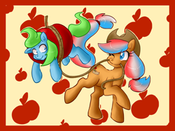 Size: 2000x1500 | Tagged: safe, applejack, oc, oc:ember, oc:ember (hwcon), oc:glace (hwcon), hearth's warming con, g4, clothes, cosplay, costume