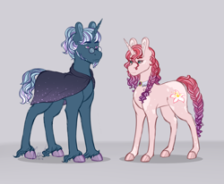 Size: 2697x2223 | Tagged: safe, artist:kayotanv87, oc, oc only, oc:lily, oc:stargazer, pony, unicorn, 's parents, abstract background, alternate universe, beard, braid, braided tail, cape, celestia and luna's father, celestia and luna's mother, clothes, coat markings, collar, cutie mark, dappled, duo, eyebrows, eyebrows visible through hair, facial hair, female, glasses, headcanon, high res, male, mare, stallion, stray strand, unshorn fetlocks
