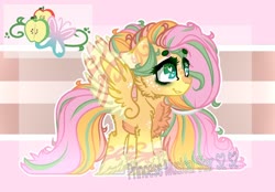 Size: 1024x714 | Tagged: safe, artist:princess3342ofc, oc, oc only, oc:applekind, pegasus, pony, abstract background, cheek fluff, chest fluff, cute, cutie mark, female, floppy ears, fluffy, freckles, green eyes, heart eyes, hoof fluff, long mane, mare, multicolored hair, ocbetes, offspring, parent:big macintosh, parent:fluttershy, parents:fluttermac, pink background, simple background, smiling, solo, watermark, wing freckles, wingding eyes, wings
