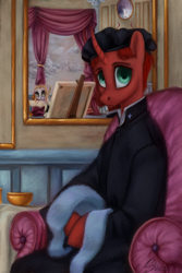 Size: 3600x5400 | Tagged: safe, artist:violettacamak, oc, oc:absinthe spirits, oc:wuten, pony, unicorn, chair, clothes, looking at you, mirror, painting, sitting, unamused