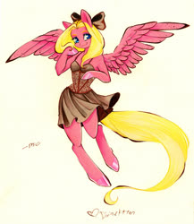 Size: 3140x3620 | Tagged: safe, artist:divinekitten, oc, oc only, pegasus, anthro, unguligrade anthro, anthro oc, arm hooves, bow, clothes, dress, female, hair bow, high res, mare, solo, traditional art