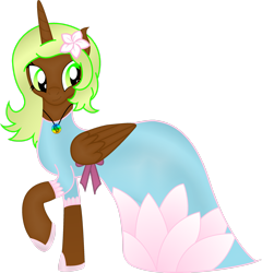 Size: 2401x2498 | Tagged: safe, artist:soulakai41, oc, oc only, oc:serena flora, alicorn, pony, clothes, dress, female, flower, flower in hair, gala dress, high res, mare, simple background, solo, transparent background