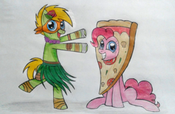 Size: 1260x823 | Tagged: safe, artist:mlptmntdisneykauane, pinkie pie, earth pony, pony, g4, bipedal, crossover, cute, dancing, diapinkes, duo, female, flower, flower in hair, food, looking at you, male, michelangelo, nickelodeon, pizza, ponified, sitting, smiling, teenage mutant ninja turtles, traditional art, weapons-grade cute