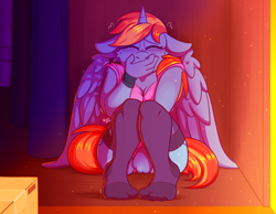 Size: 2000x1550 | Tagged: safe, artist:kinky-spy, oc, oc only, oc:dusking sky, alicorn, anthro, plantigrade anthro, alicorn oc, blushing, clothes, eyes closed, hand over mouth, horn, sitting, socks, solo, thigh highs