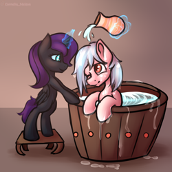 Size: 3000x3000 | Tagged: safe, artist:cornelia_nelson, cozy glow, oc, oc:nyx, alicorn, pony, g4, a better ending for cozy, bath, cozybetes, cozylove, cute, duo, high res, nyxabetes, sketch, smiling, wet mane
