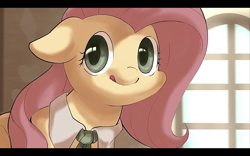 Size: 1280x800 | Tagged: safe, artist:yunlongchen, fluttershy, pony, g4, bust, cute, female, floppy ears, looking at you, mare, portrait, shyabetes, solo, tongue out