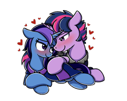 Size: 2560x2048 | Tagged: source needed, useless source url, safe, artist:sugar morning, twilight sparkle, oc, oc:aurora shine (loe), pony, unicorn, g4, blushing, canon x oc, clothes, commission, duo, dusk shine, female, heart, high res, looking at each other, lying down, male, r63 shipping, robe, rule 63, shipping, simple background, stallion, transparent background